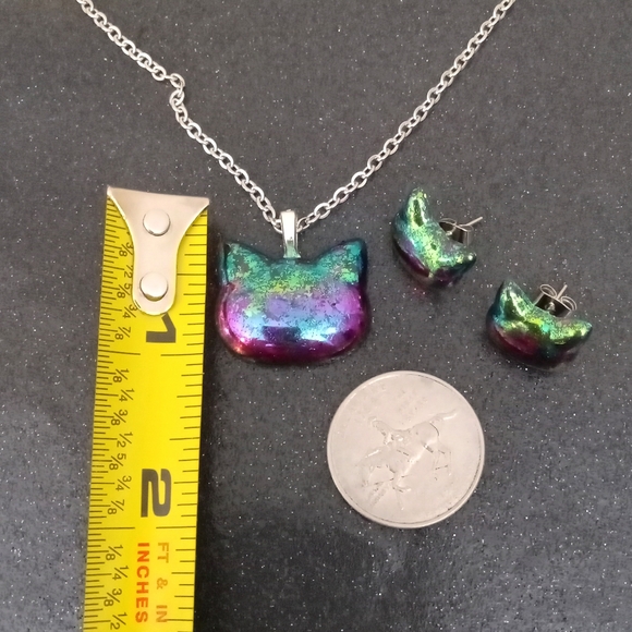 Rainbow color shift cat stud earrings and necklace jewelry set new handmade New - Picture 7 of 8